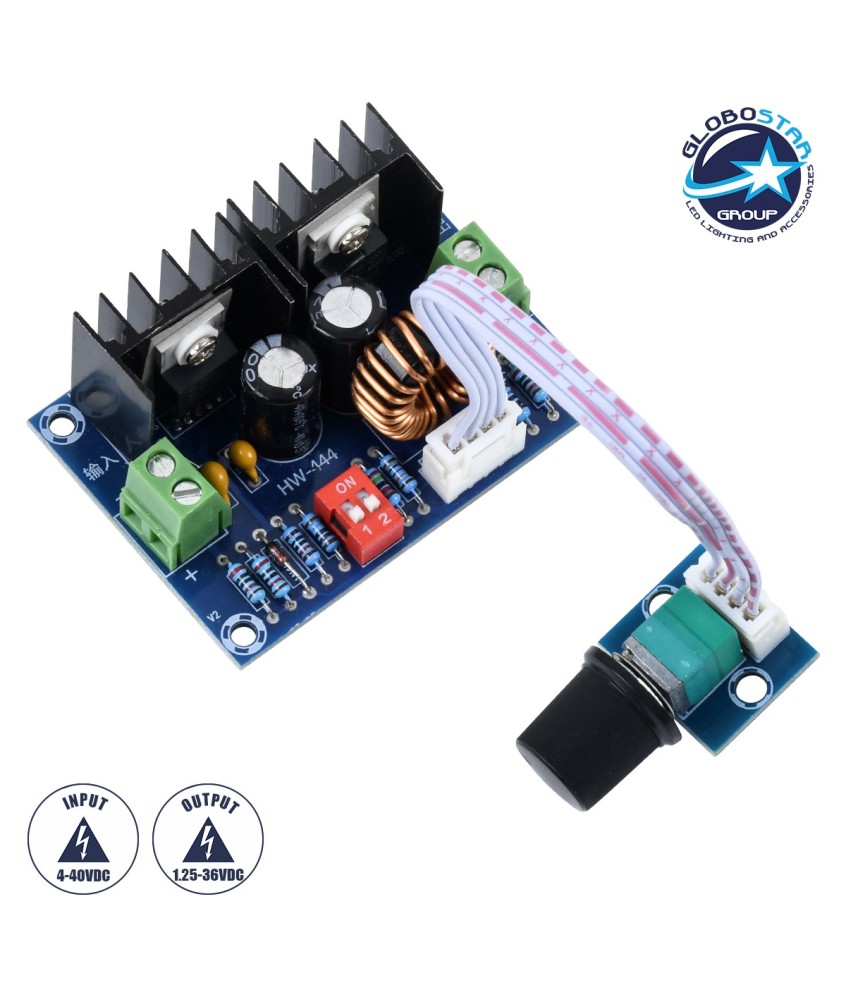 GloboStar® 73115 Ρυθμιστής Τάσης - Voltage Regulator DC Converter Module - Input DC4-40V - Output DC1.25-36V Max Load 8A με Καλώδιο Προέκτασης Ποτενσιόμετρου Μ6 x Π4.5 x Υ2.5cm
